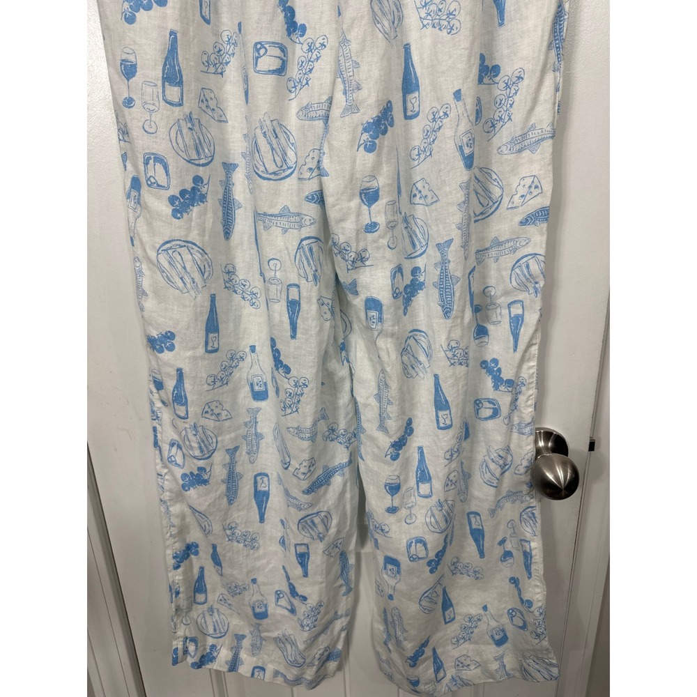 Cynthia Rowley 100% Linen Wide Leg Pants Blue White Wine Fish Print Womens L - Picture 6 of 7